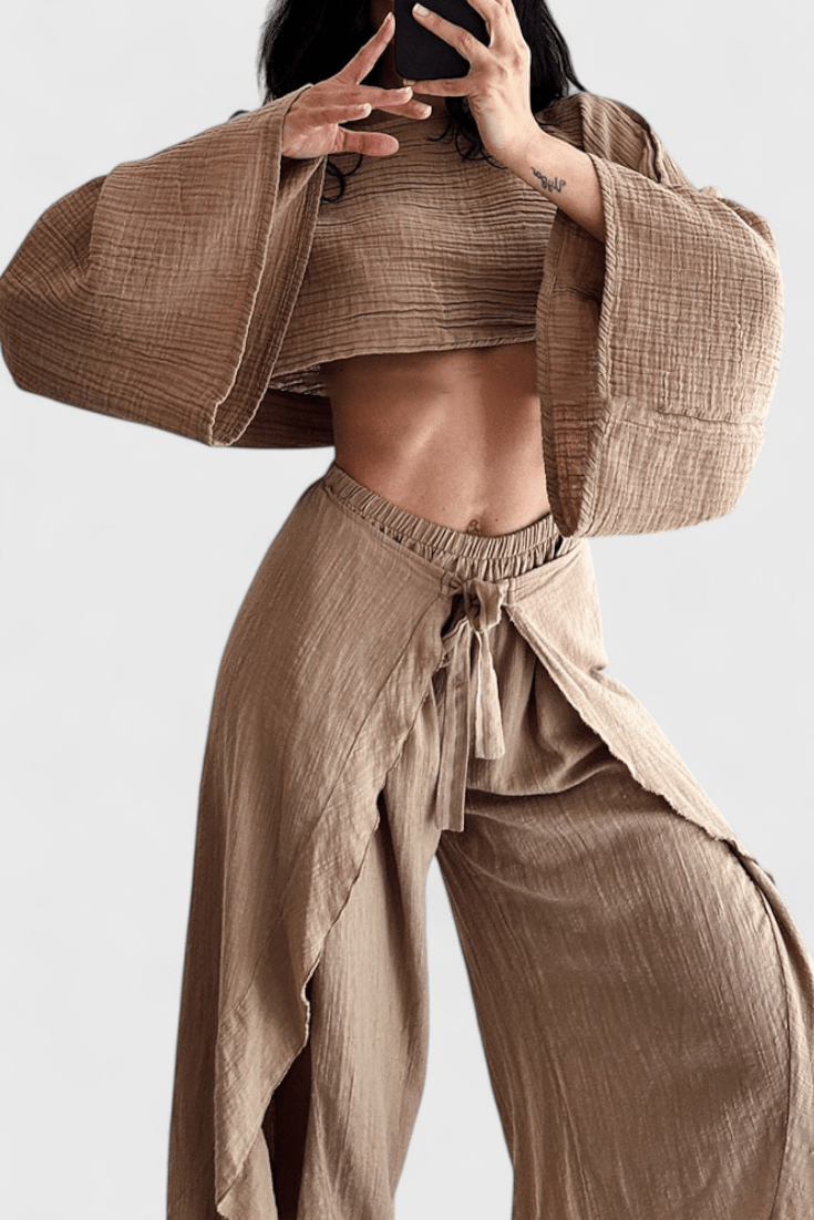 Elsie – Lagani boho komplet sa kimono topom i širokim pantalonama