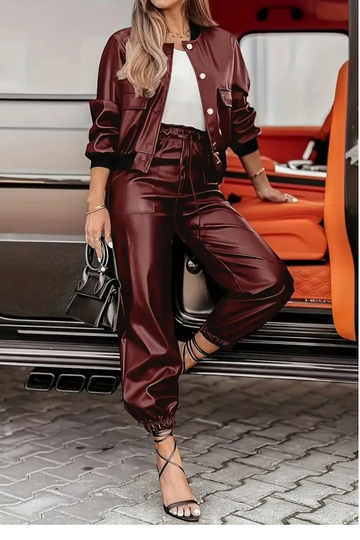 Lucie – Elegantni kožni komplet sa jaknom i pantalonama