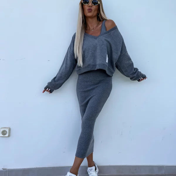Melania – Elegantni dvodelni komplet sa bluzom i haljinom